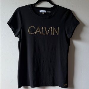 CALVIN KLEIN Metal Stud Logo Tee Women’s size Small Black Gold